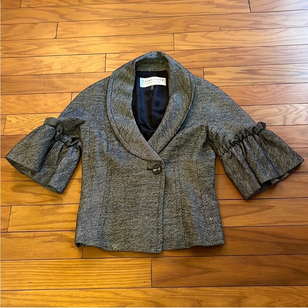 Trina Turk Jacket Womens 4 Black White Short Sleeve Wool Blend Jacket